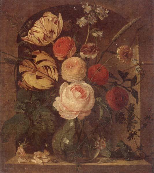 unknow artist Still life of various flowers in a glass vase,set in a niche Sweden oil painting art